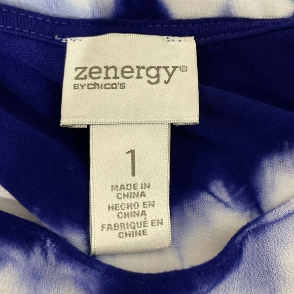 Zenergy By Chico’s Blue White Tie Dye Asymmetric hem Rayon Top size 1 (US M) - Picture 4 of 5